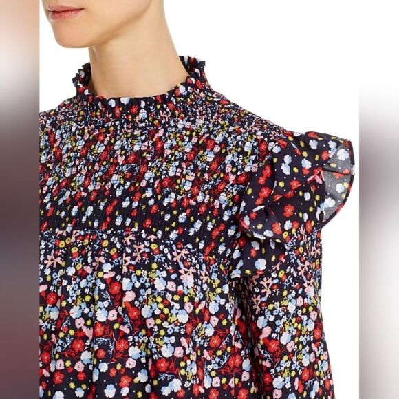 Nanette Lepore Blue Red Yellow Floral Ruffle Smocked Mock-Neck Shift Dress | 10 - Picture 4 of 12
